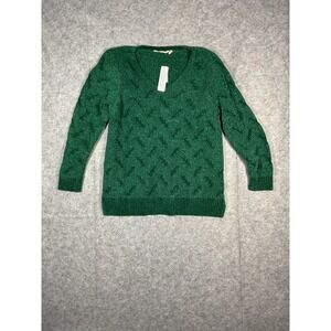 Soft Surroundings Womens 1X Green Cable Knit V Neck Trina Chenille Sweater